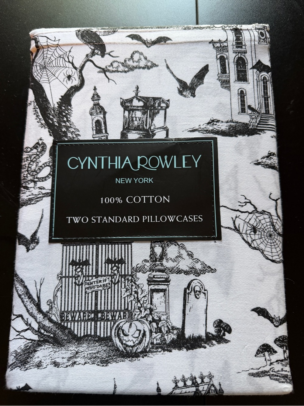 New Cynthia Rowley Halloween Haunted House 2pk Pillowcase Set Black/White Cotton